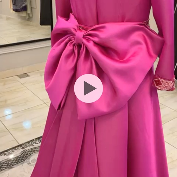 Couture evening gown with a detachable bow belt. Ankle length front view. - Picture 3 of 6